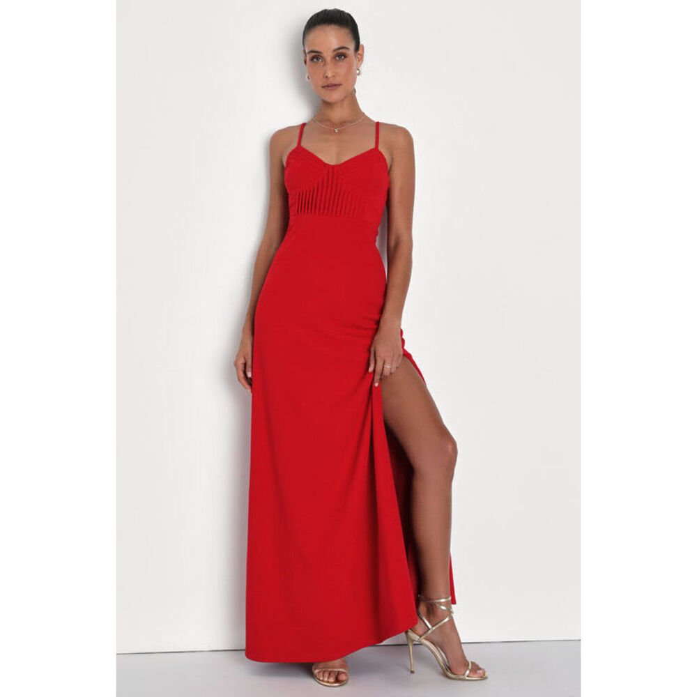 Lulus Alluring Inspiration Red Pleated Sleeveless Bustier Maxi Dress - Size S